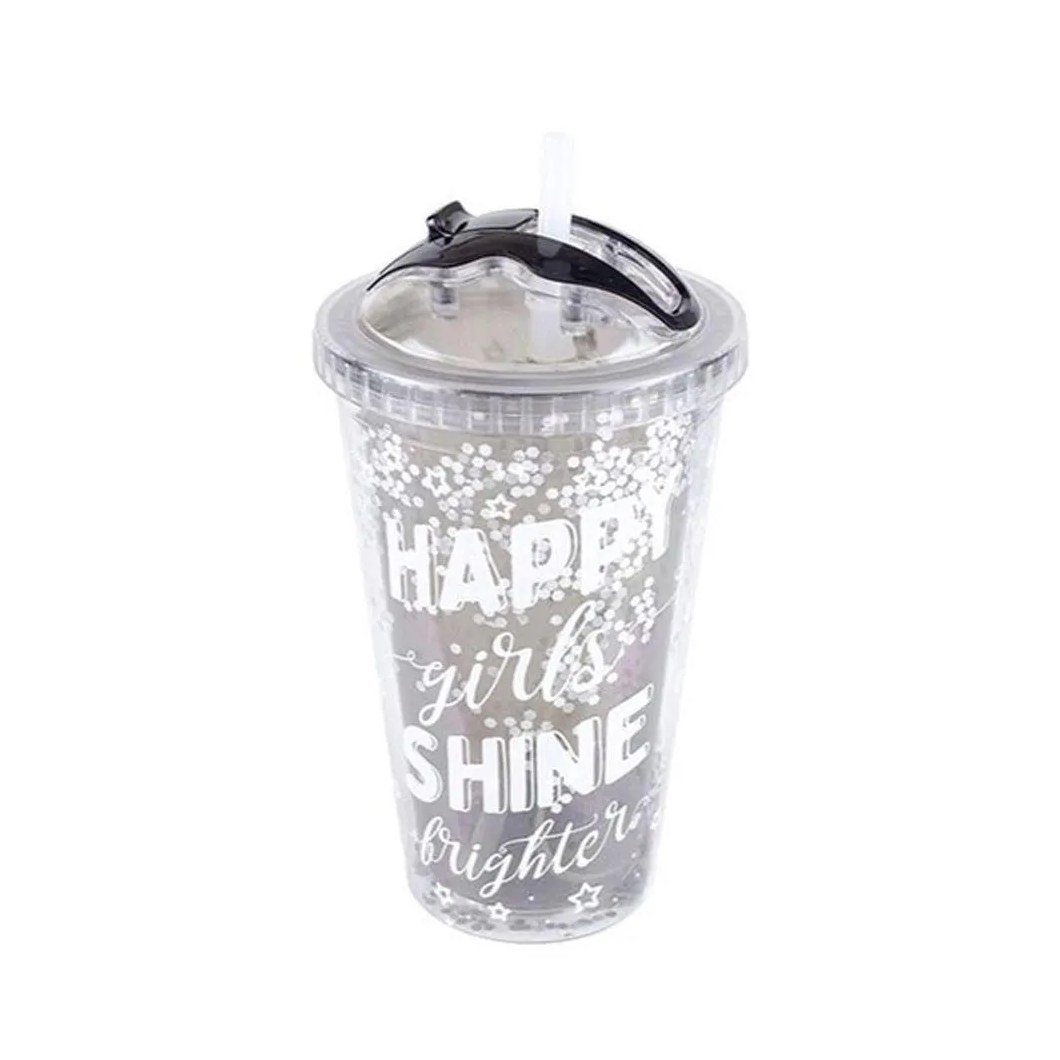 Copo com Canudo 450ml Happy Girls Shine Brighter - Etilux