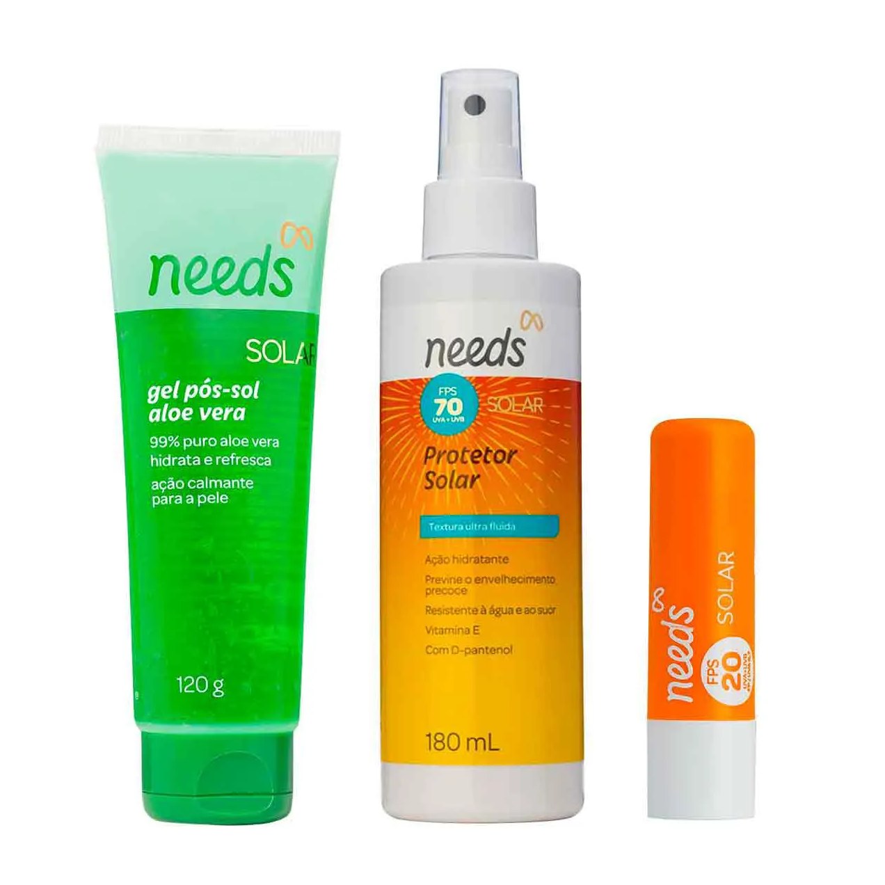 Kit Protetor Solar Needs Spray Corporal FPS 70 180ml + Labial FPS 20 3,6g + Gel Pós-sol 120g