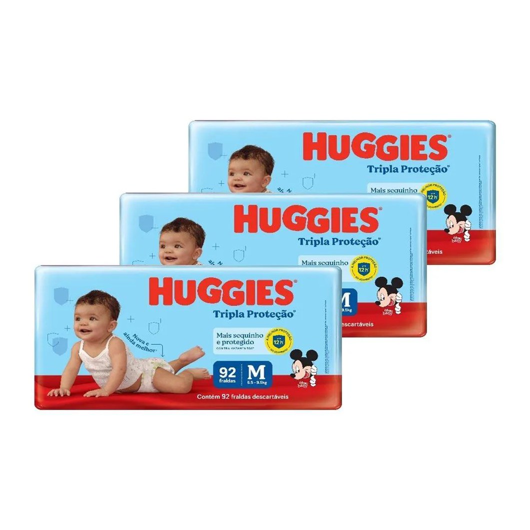 Fralda Descartável Huggies Tripla Proteção Hiper Média - 3 Pacotes com 92 Fraldas - Total de 276 Tiras