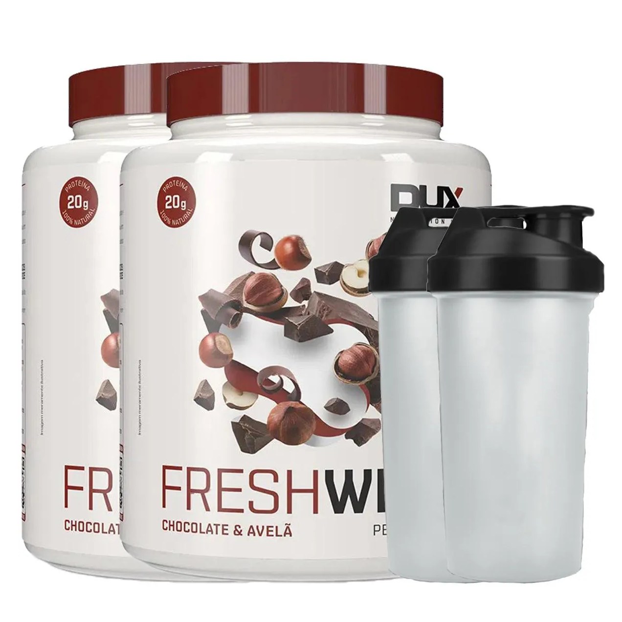 Combo 2x Fresh Whey Conc. Isolado Hidrolisado Chocolate Belga e Avela 450g + 2x Coqueteleira Dux