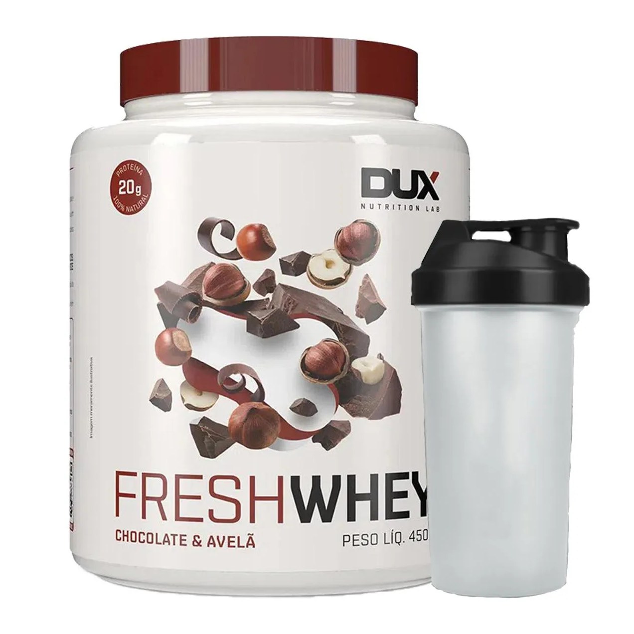 Combo Fresh Whey Conc. Isolado Hidrolisado Chocolate Belga e Avela 450g + Coqueteleira Dux Nutrition