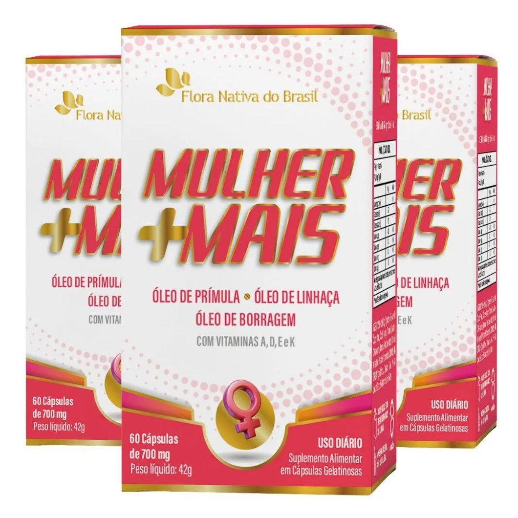 Kit 3x Mulher +mais (primula, Linhaca, Borragem + Vit. Adek) 60 cápsulas - Flora Nativa