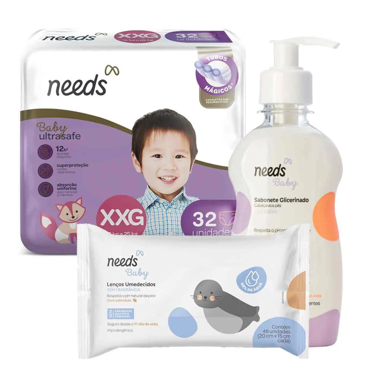 Kit Needs Baby Fralda Ultrasafe XXG 32 Unidades + Lenço Umedecido Sem Fragrância com 48 Unidades + Sabonete de Glicerina Líquido Lavanda