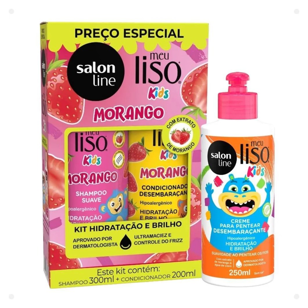 Kit Salon Line Meu Liso Kids: Shampoo 300ml e Condicionador 200ml Morango + Creme para Pentear 250ml