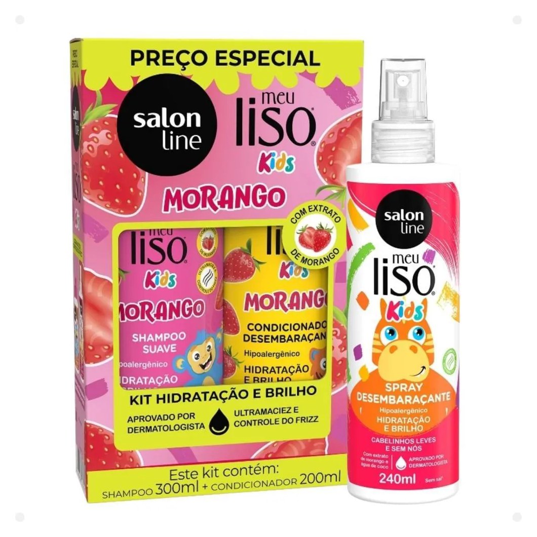 Kit Salon Line Meu Liso Kids: Shampoo 300ml e Condicionador 200ml Morango + Spray Desembaraçante 250ml