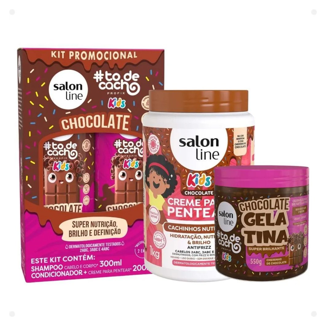 Kit Salon Line Kids: Shampoo e Condicionador + Creme para Pentear 1kg e Gelatina Hidratante Chocolate