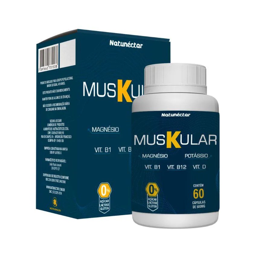 Muskular - Potássio, Vitamina D Vitamina B1 Vitamina B12 500mg 60 Cápsulas