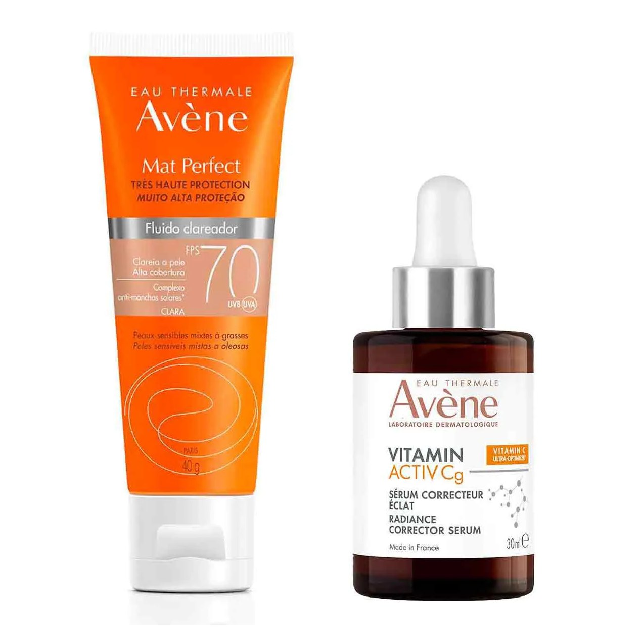 Kit Avène Sérum Facial Iluminador Intensivo Vitamin Activ Cg 30ml + Protetor Solar Facial Mat Perfect FPS 70 Fluido Clareador Claro 40g