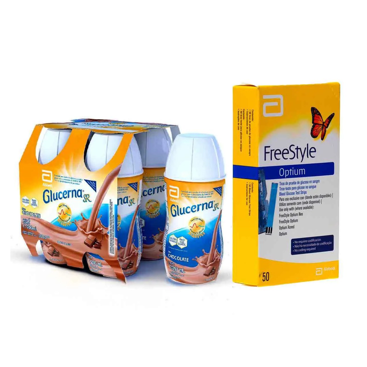 Kit Suplemento Alimentar Glucerna SR Chocolate 4 unidades com 200ml cada + Tiras para Teste de Glicemia Freestyle Optium 50 Unidades