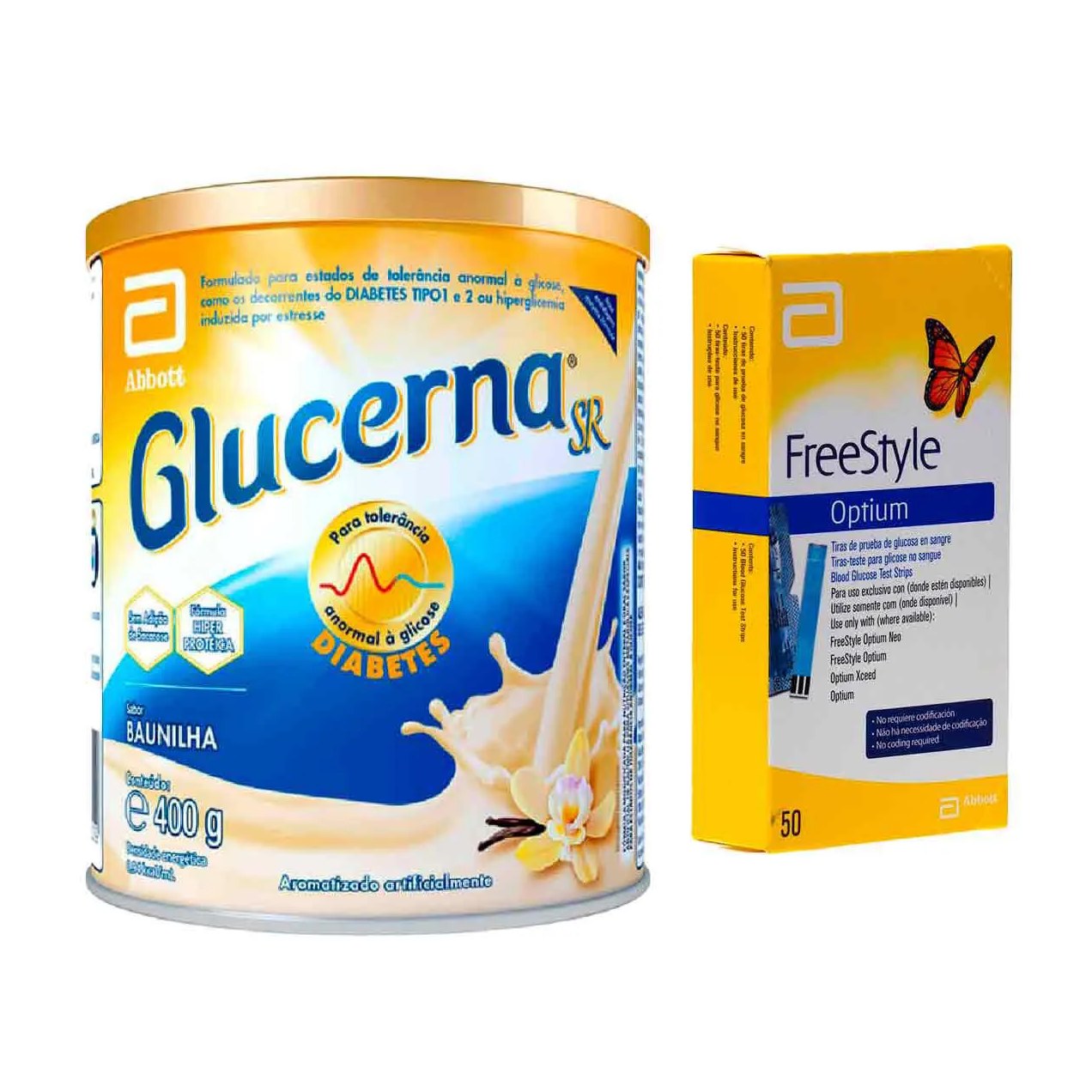 Kit Suplemento Alimentar Glucerna Baunilha 400g + Tiras para Teste de Glicemia Freestyle Optium 50 Unidades
