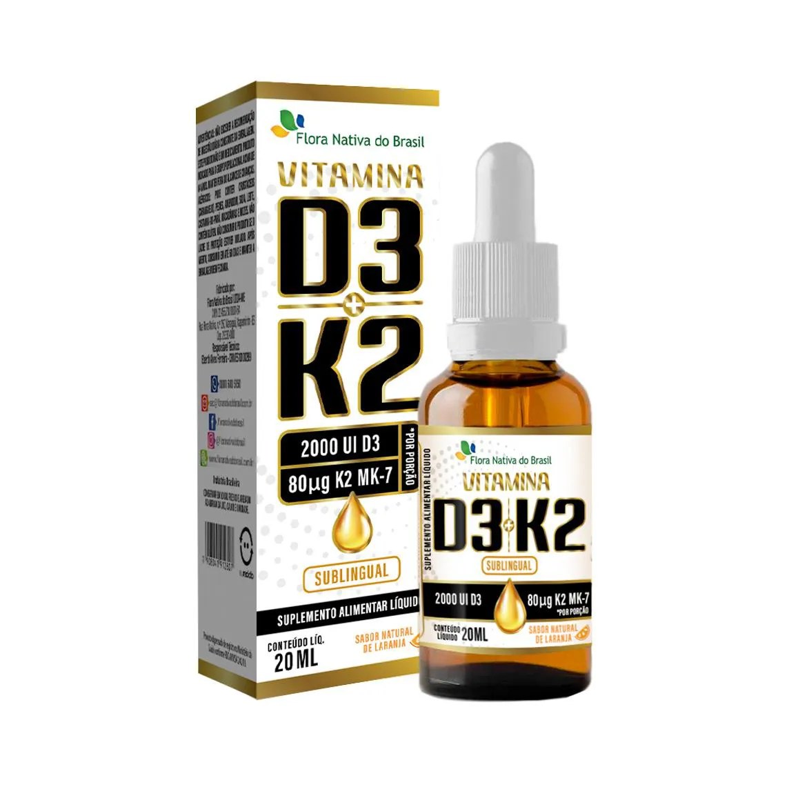 Vitamina D3 2000ui + Vitamina K2 Gotas 20ml Flora Nativa Sabor Laranja