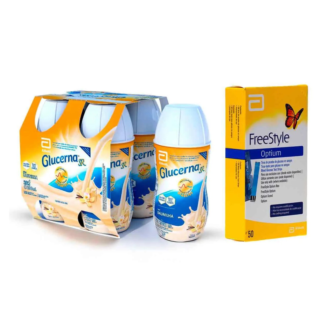 Kit Suplemento Alimentar Glucerna SR Baunilha 4 unidades com 200ml + Tiras para Teste de Glicemia Freestyle Optium 50 Unidades