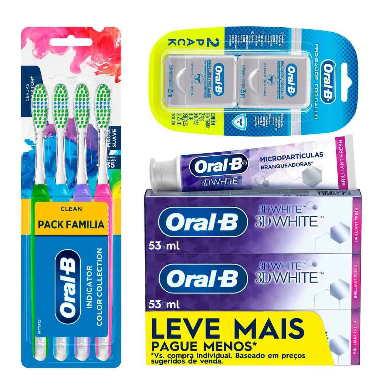 Kit Oral-B Escova de Dente Indicator Color Collection 4 unidades + Pasta de Dente 3D White 70g 3 unidades + Fio Dental Pro-Saúde Multibenefícios Sabor Menta 2 unidades de 25m cada