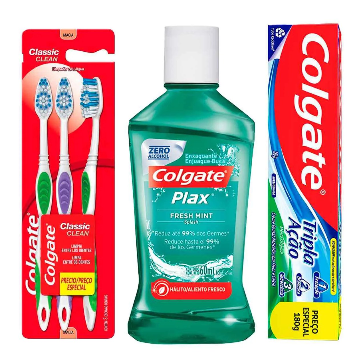Kit Colgate Escova de Dente Colgate Classic Clean 3 un + Pasta de Dente Tripla Ação Menta Original Anticárie com Flúor + Enxaguante Antisséptico Bucal Plax Fresh Mint Sem Álcool