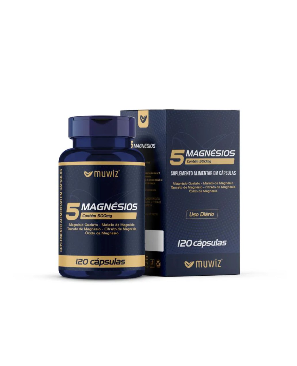5 Magnésios 500mg 120 cápsulas - Quelato Malato Taurato Citrato e Óxido de Magnésio