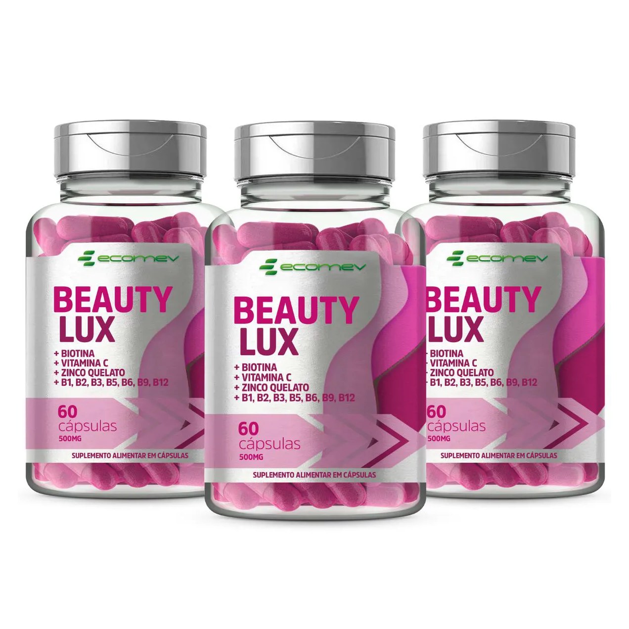 3x Beauty Lux Complexo B Biotina Vit C Zinco 500 Mg 60 Cápsulas Ecomev