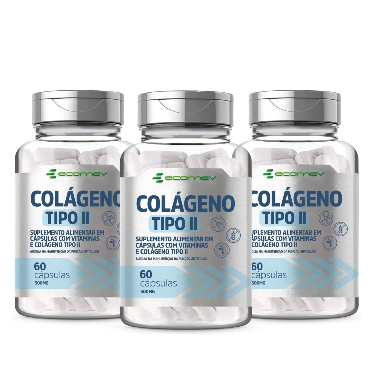 3x Colageno tipo 2 com Vit C E D3 B1 B3 B6 B12 500Mg 60 Cápsulas Ecomev