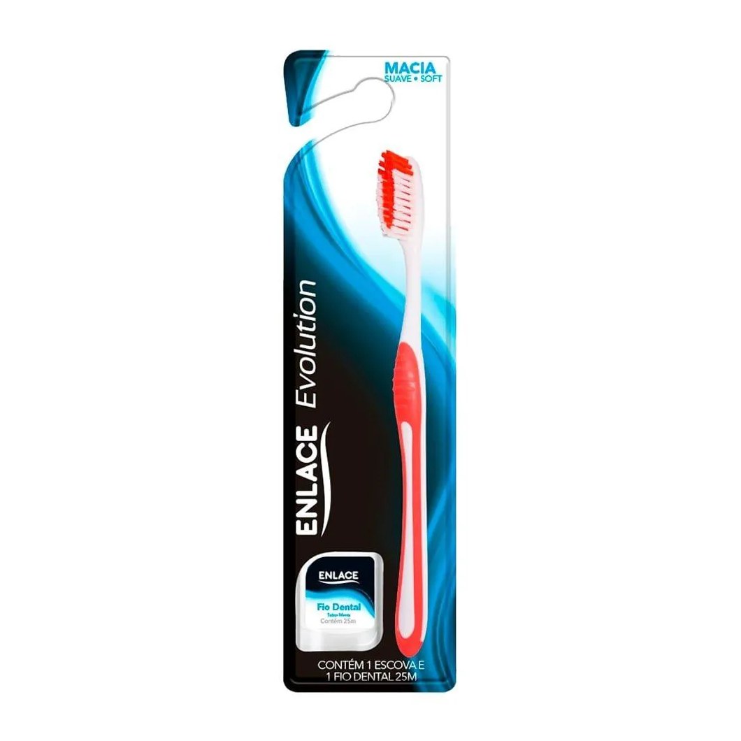 Escova Dental Enlace Evolution Adulta Macia + Fio Dental 25m - Embalagem com 12 unidades