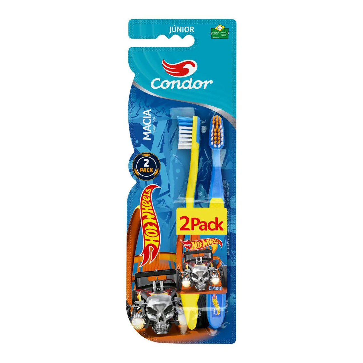 Escova Dental Macia com Limpador de Língua Hot Wheels Condor Júnior Cabeça P 2 Unidades