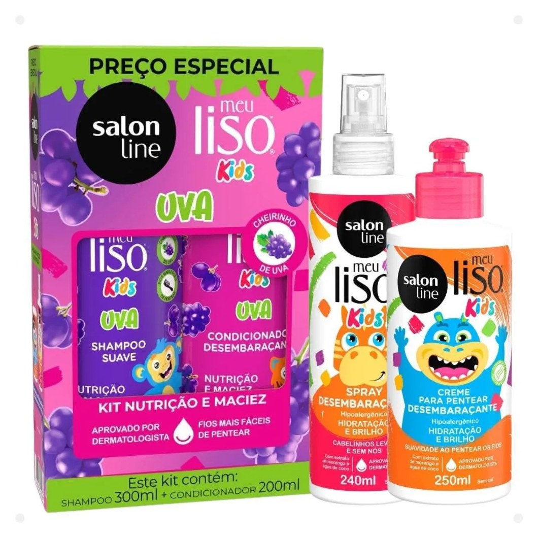 Kit Salon Line Meu Liso Kids: Shampoo 300ml e Condicionador 200ml Uva + Creme para Pentear 250ml e Spray Desembaraçante 240ml