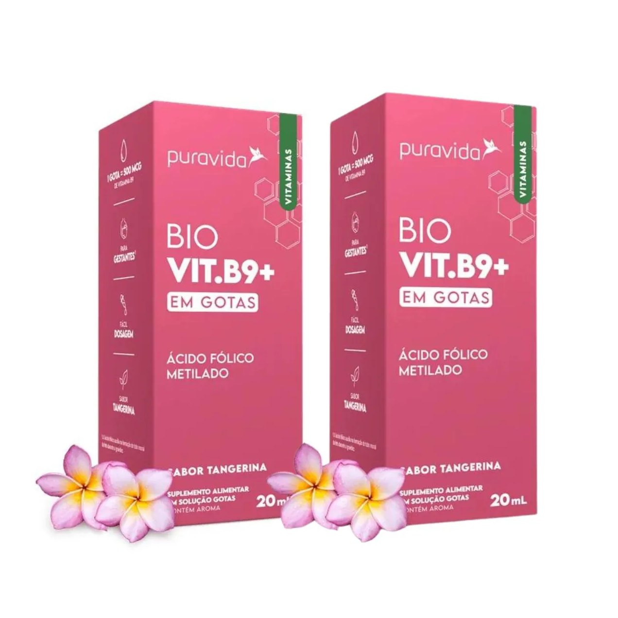 Kit 2 Bio Vit.B9+ Ácido Fólico Metilado em Gotas Puravida Tangerina