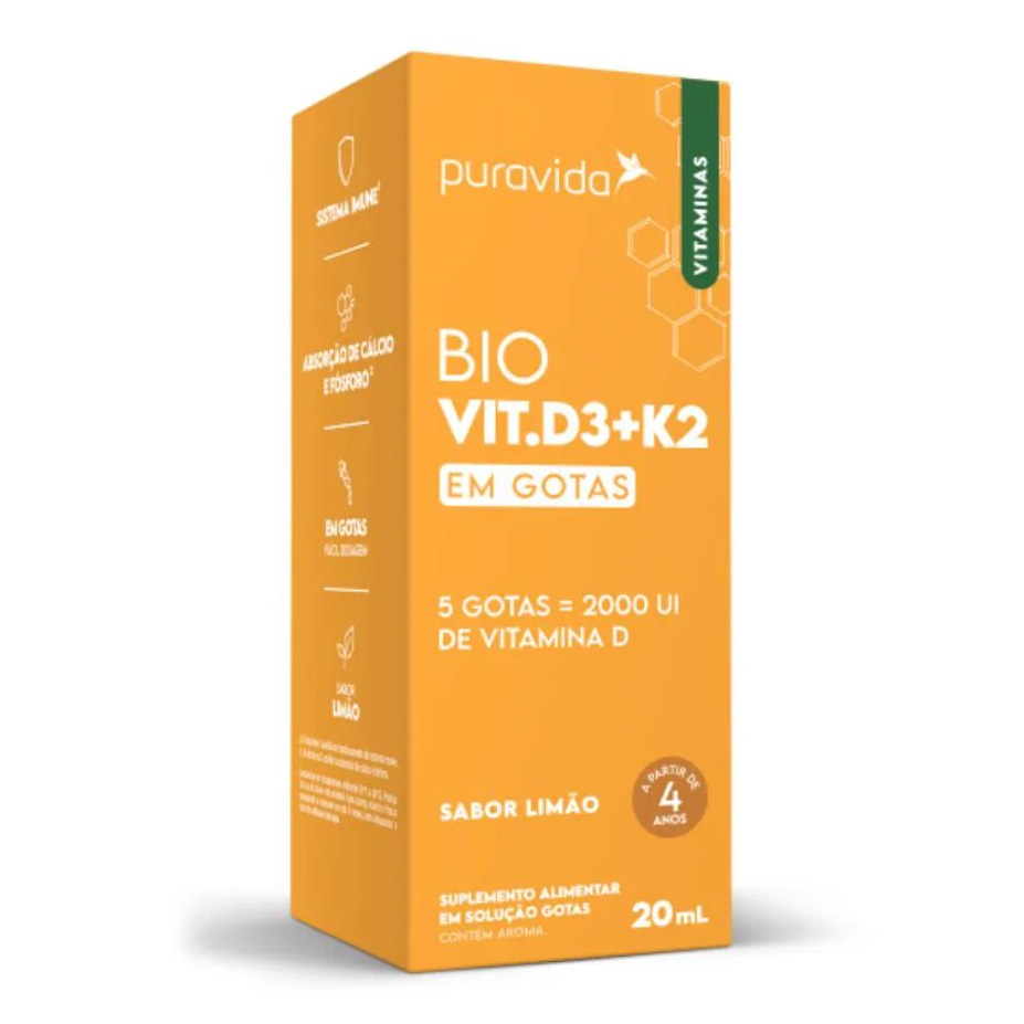 Bio Vitamina D3 + K2 Pura Vida em Gotas 20ml – Vit D Sabor Limão