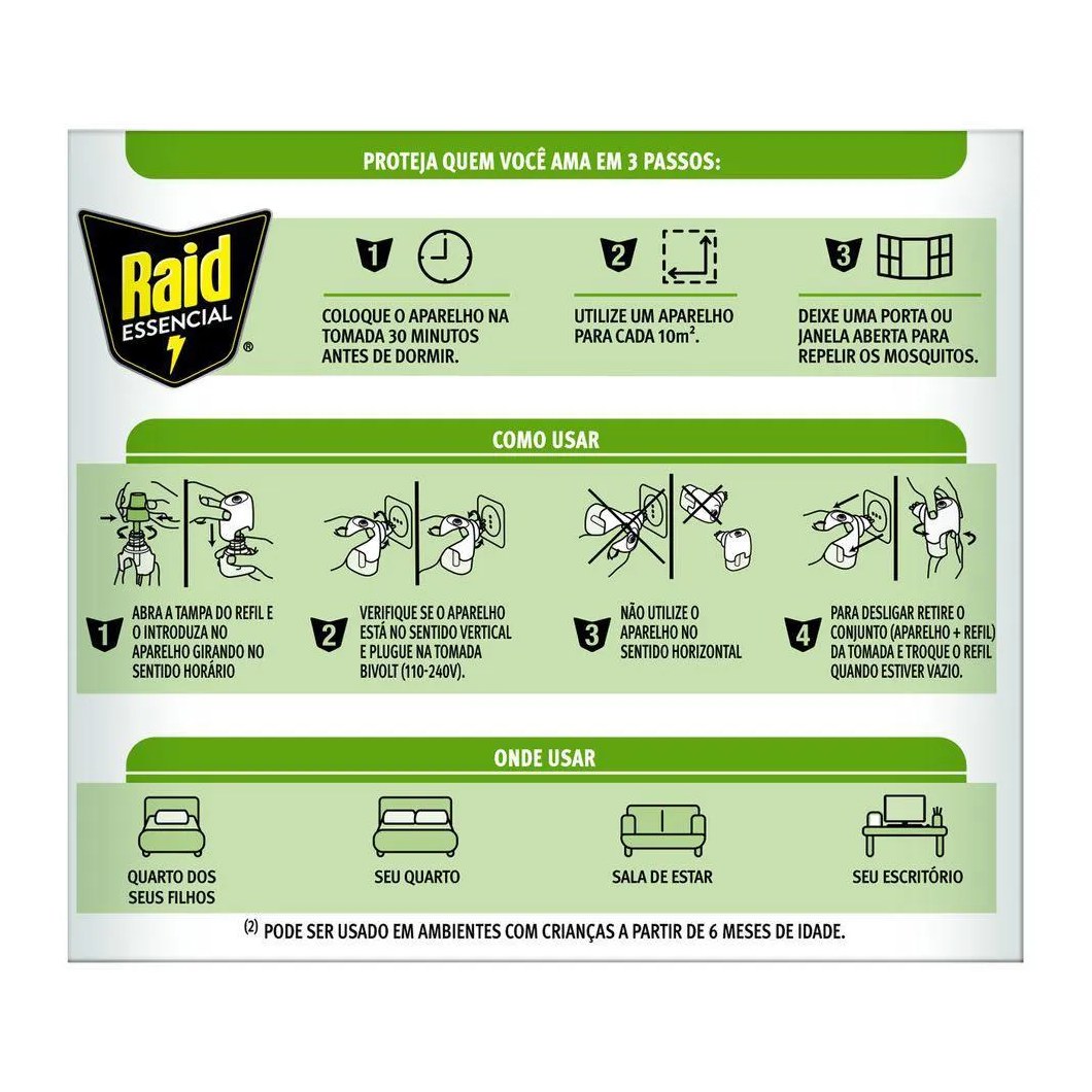 Repelente Elétrico Líquido Raid 45 Noites À Base de Plantas Essencial Caixa 2 unidades 25,2ml Cada Refil Embalagem Econômica