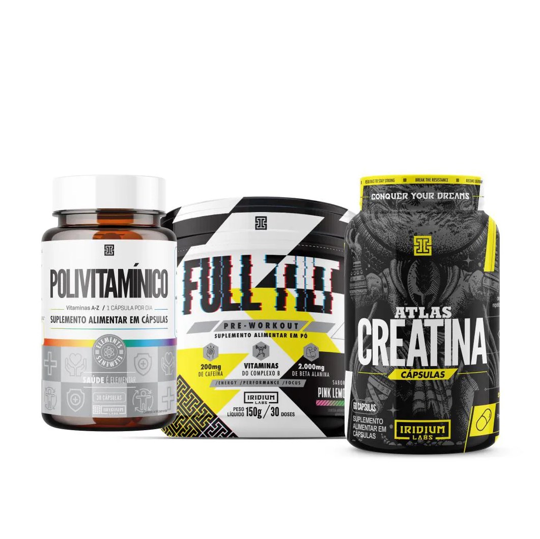 Full Tilt Pré-treino - 150g + Atlas Creatina 60 Cápsulas + Polivitamínico 30 Cápsulas Pink Lemonade