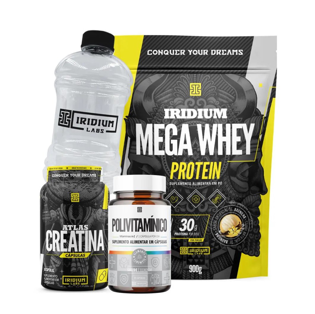 Mega Whey + Atlas Creatina 60 Cápsulas + Polivitamínico 30 Cápsulas + Galão Cristal 1l Baunilha