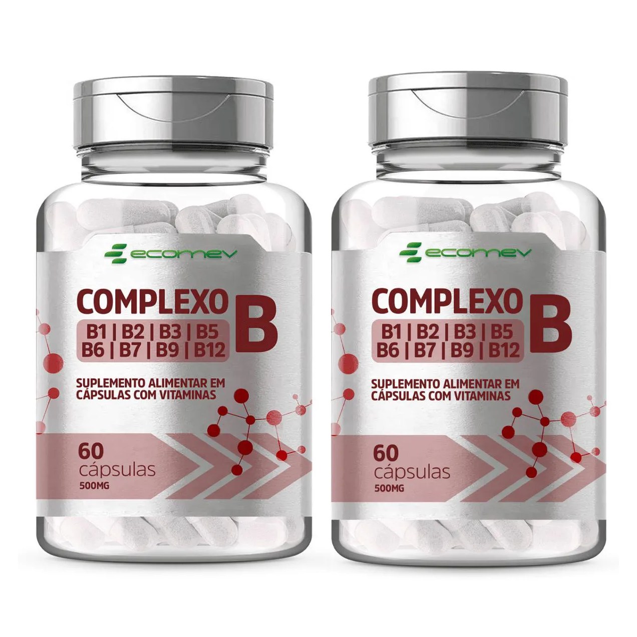 2x Complexo B B1 B2 B3 B5 B6 B7 B9 B12 e Biotina 500mg 60 Capsulas Ecomev