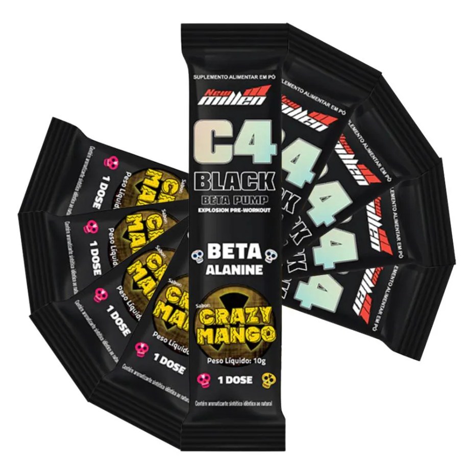 Kit 5 Saches C4 Black Beta Pump New Millen 10g Crazy Mango - Pré - Treino