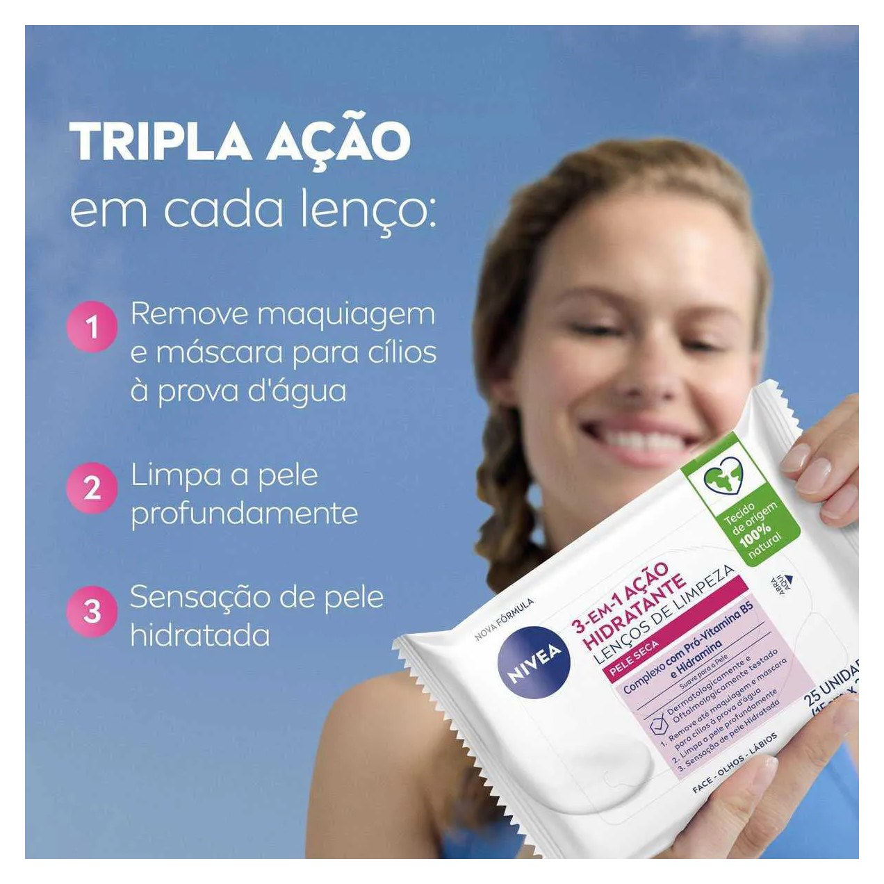 Lenço De Limpeza Facial Nivea 3 Em 1 Ação Hidratante 25 unidades