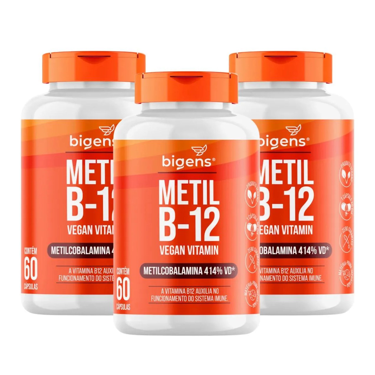 3x Vitamina B12 Metilcobalamina Vegana Bigens 60 Capsulas sem Sabor