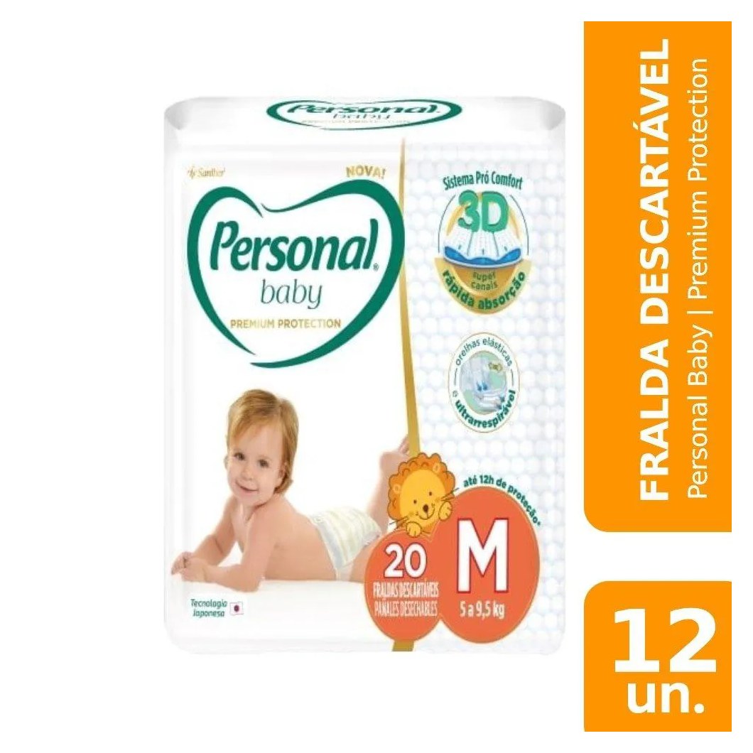 Fralda Descartável Personal Premium Tamanho M - 12 Pacotes com 20 Fraldas - Total de 240 Tiras