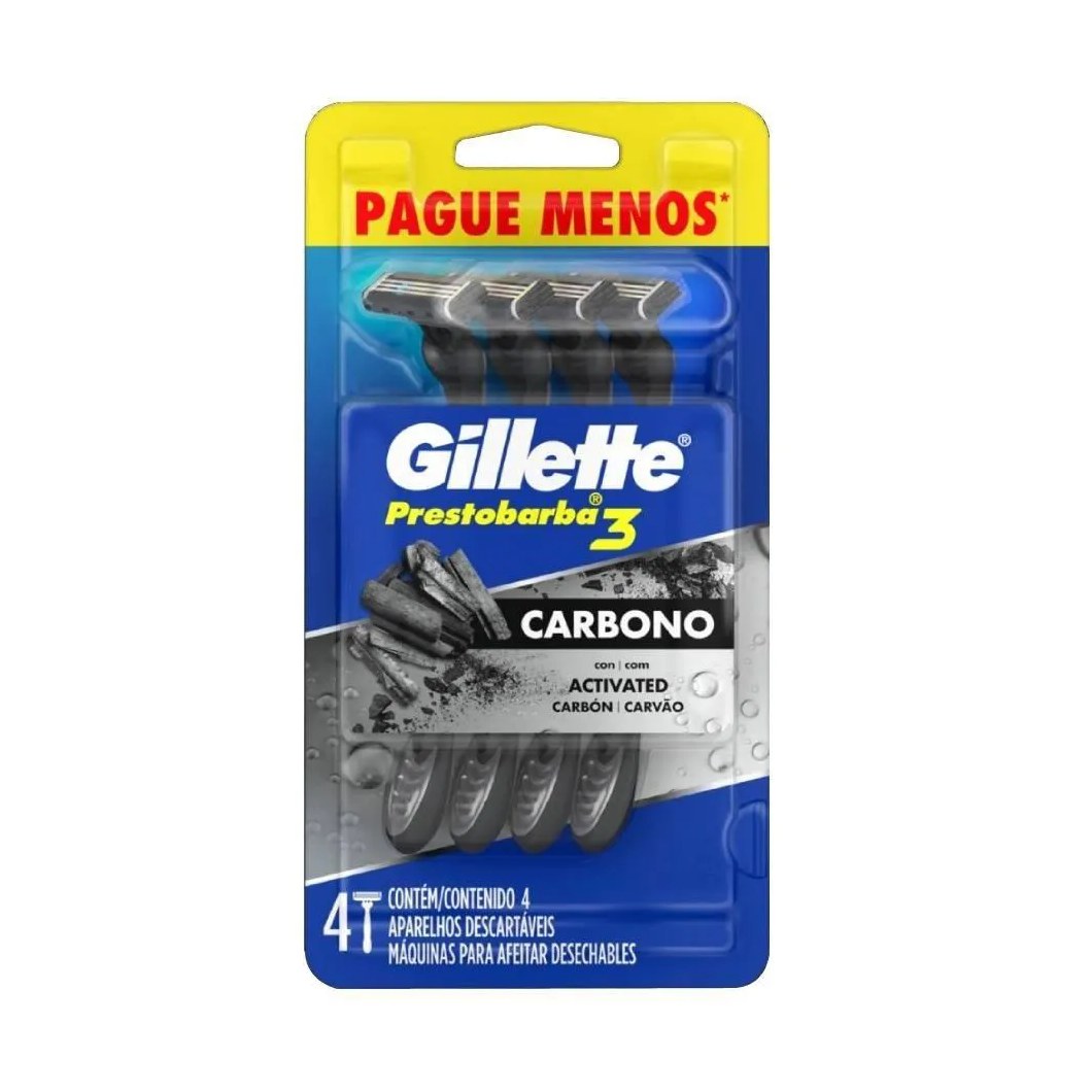 Aparelho Descartável para Barbear Gillette Prestobarba3 Carbono Masculino - Blister com 4 unidades