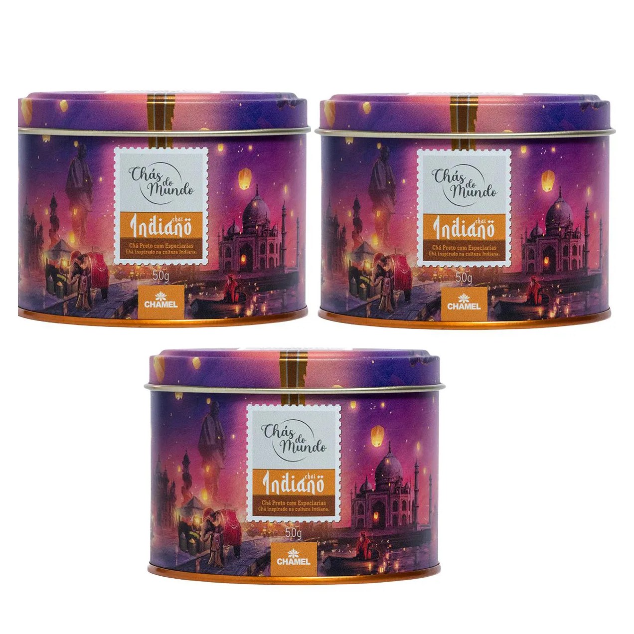 Kit 03 Chás do Mundo Pouch Chá Indiano Lata 50g - Chamel
