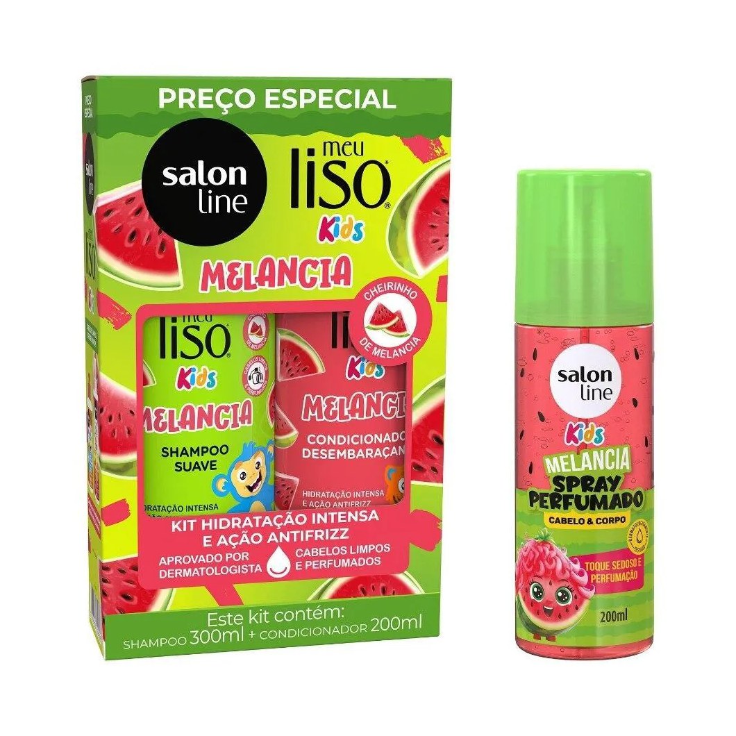 Kit Meu Liso Kids Melancia com Shampoo + Condicionador e Spray Perfumado