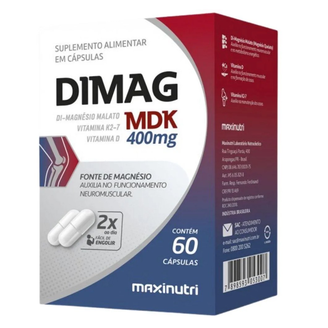Dimag Mdk ( Magnésio Dimalato + Vitaminas D3 e K2) 60 cápsulas - Maxinutri