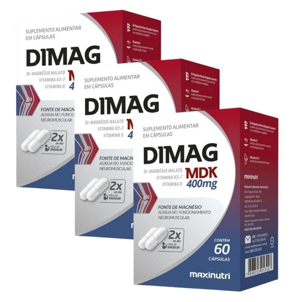 Kit 3x Dimag Mdk ( Magnésio Dimalato + Vitaminas D3 e K2) 60 cápsulas - Maxinutri