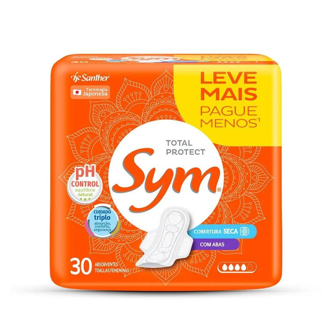Absorvente Sym Cobertura Seca com Abas - Embalagem com 30 unidades