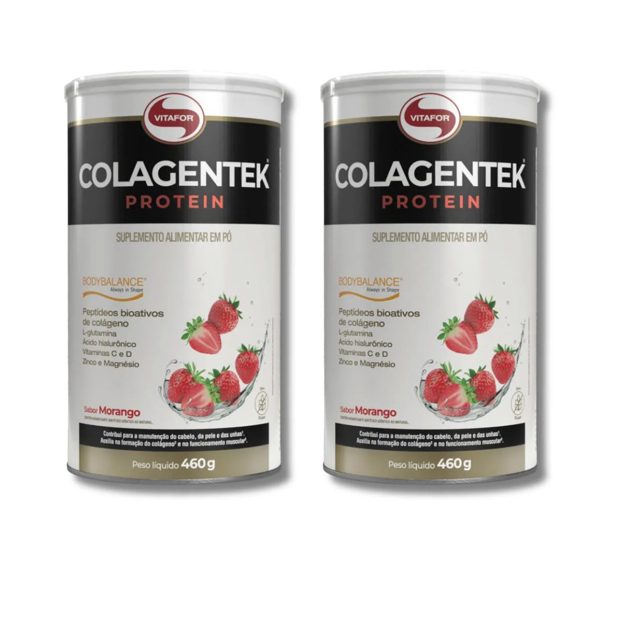 Kit 2 Colagentek Protein Lata 460g Vitafor Sabor:Morango