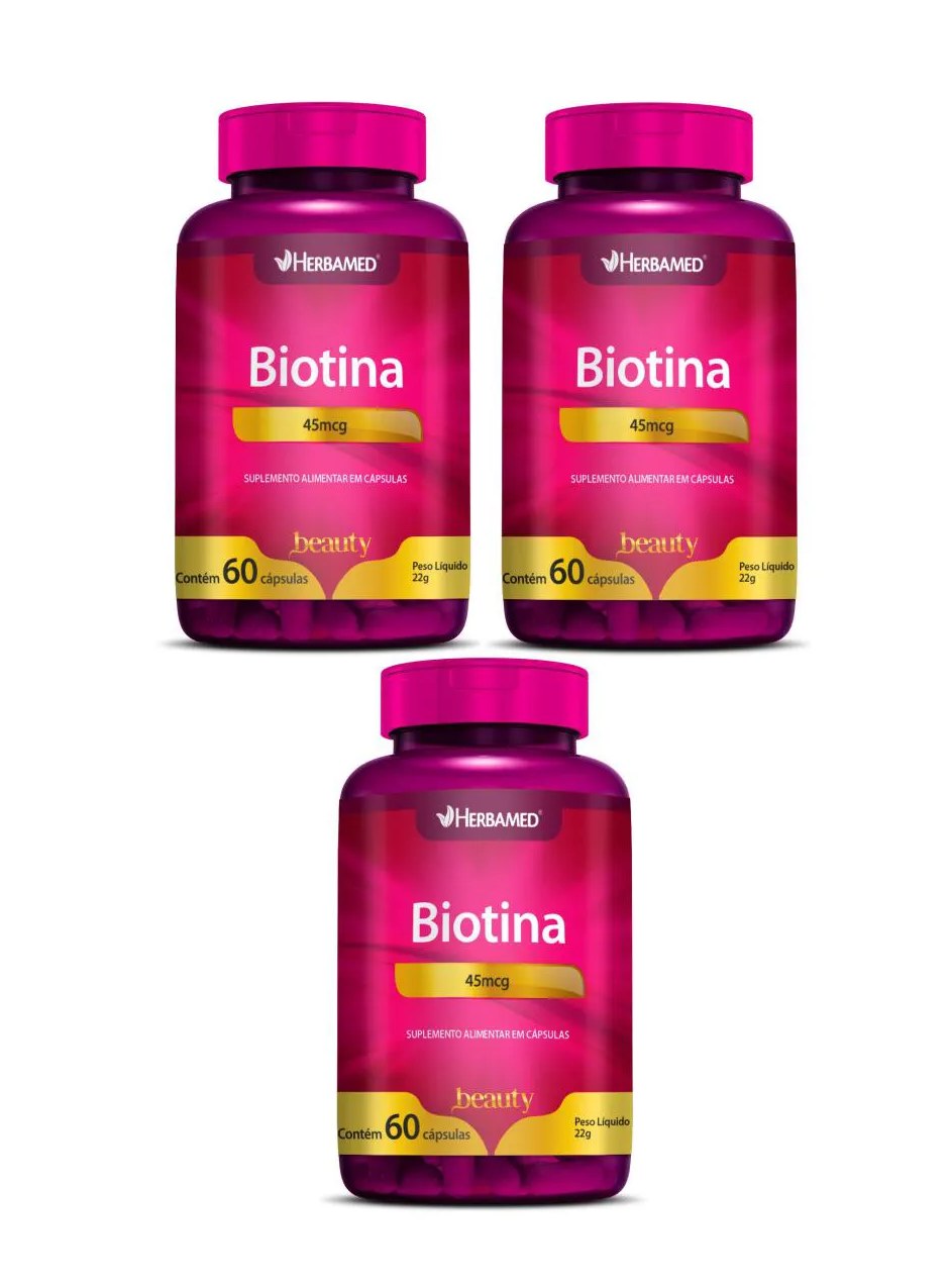 KIT 3 SUPLEMENTO BIOTINA 45MCG 60 CáPSULAS - HERBAMED BEAUTY