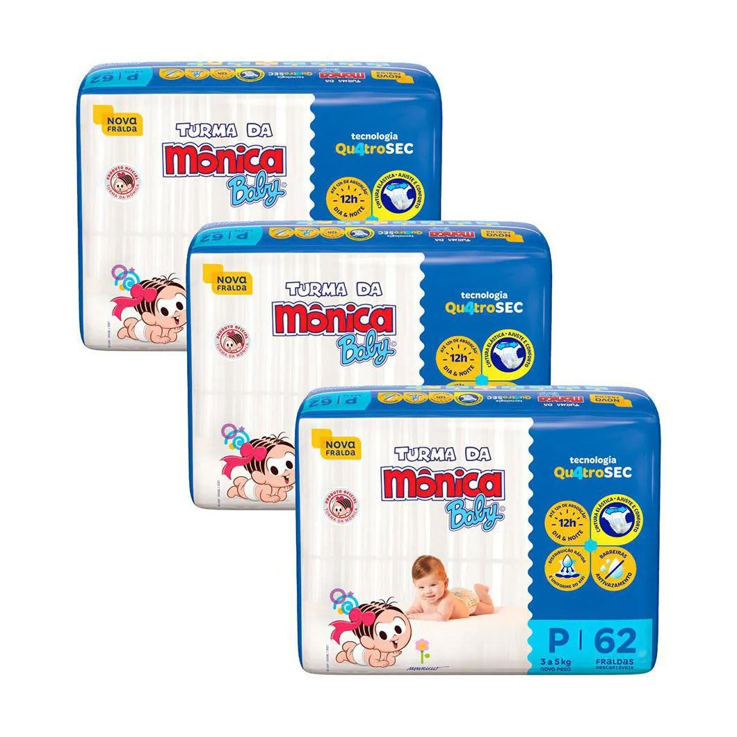 Kit 3 Fraldas Turma da Mônica Baby Mega P com 62un Cada