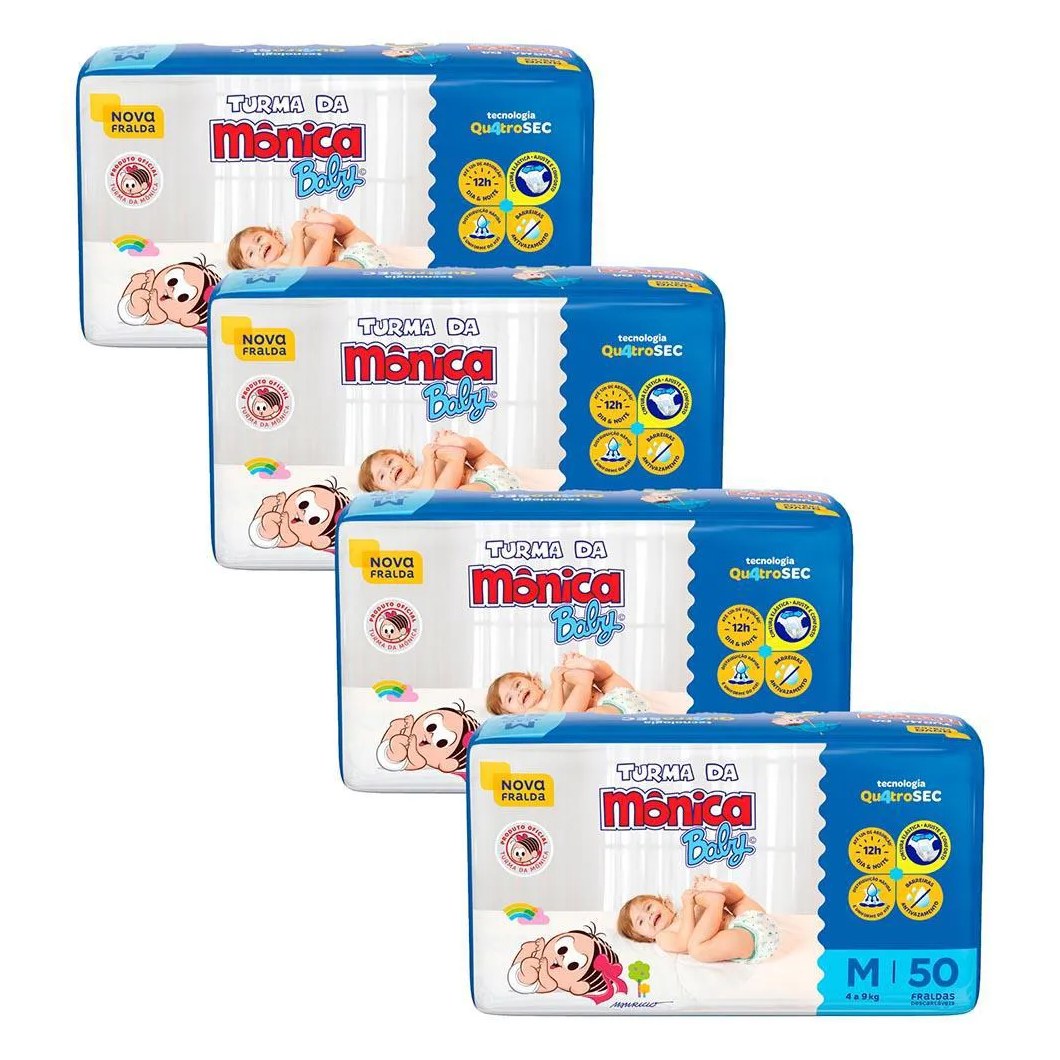 Kit 4 Fraldas Turma da Mônica Baby Mega M com 50un Cada