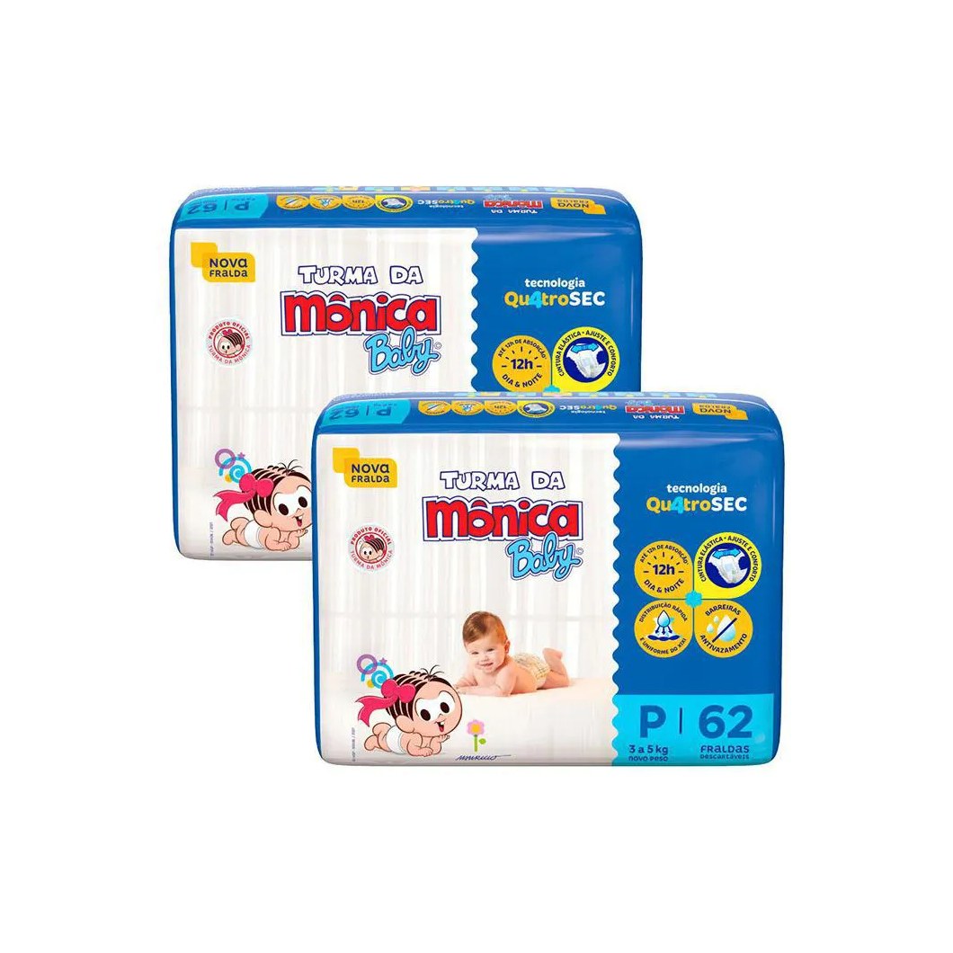 Kit 2 Fraldas Turma da Mônica Baby Mega P com 62un Cada