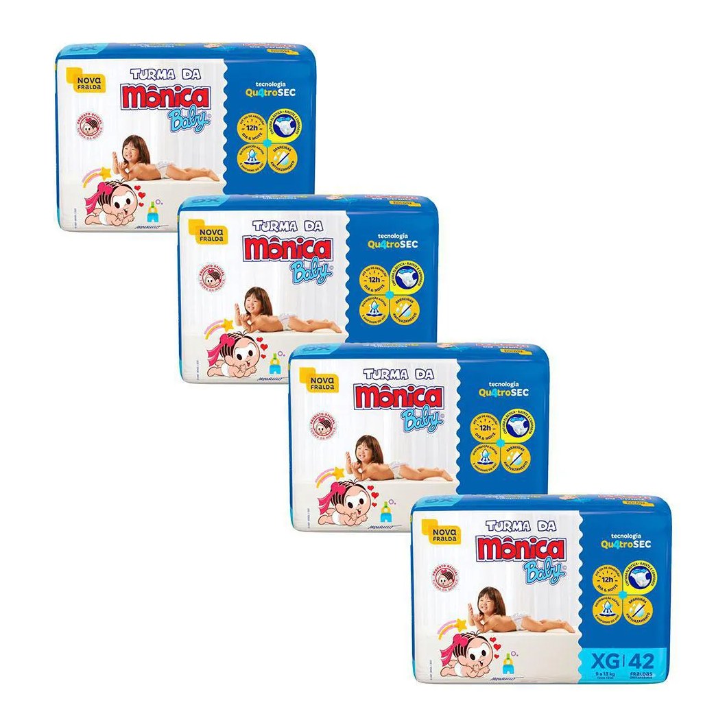 Kit 4 Fraldas Turma da Mônica Baby Mega Xg com 42un Cada