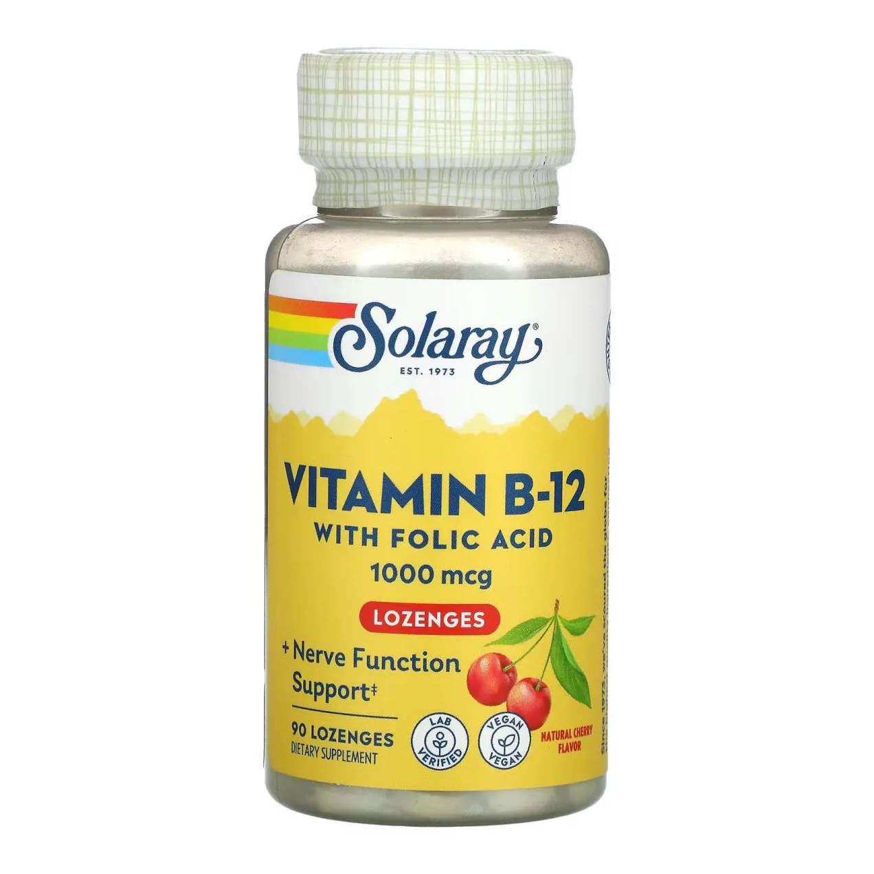 Vitamina B12 1.000mcg com Ácido Fólico 90 Pastilhas Sabor Cereja Natural - Solaray