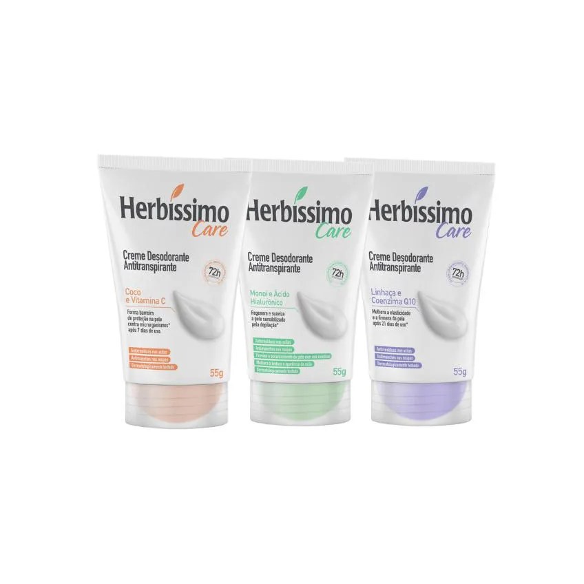 Kit Creme Desodorante Antitranspirante Herbíssimo Care Coco + Monoi + Linhaça Bisnaga 55g