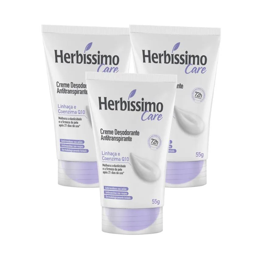 Kit Creme Desodorante Antitranspirante Herbíssimo Care Linhaca e Coenzima Q10 Bisnaga 55g - 3 Unidades