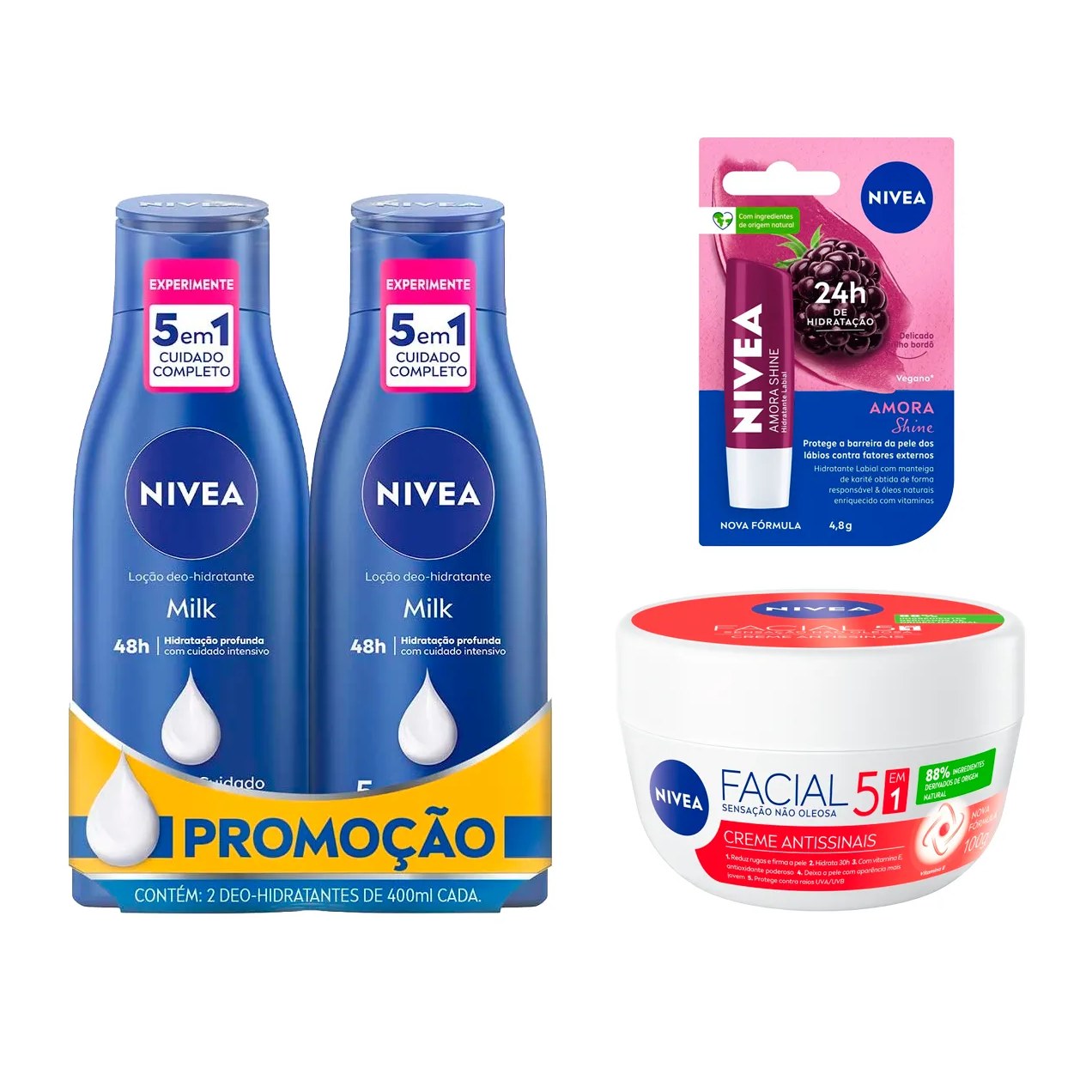 Kit Nivea Hidratantes com Loção 2 Unidades + Labial Nivea Amora Shine de 4,8g + Antissinais Creme 100g